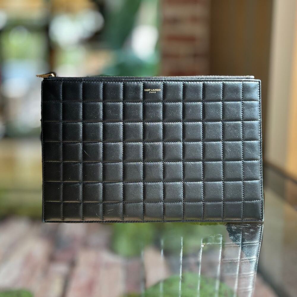 SAINT LAURENT Black Quilted Leather Pouch Clutch